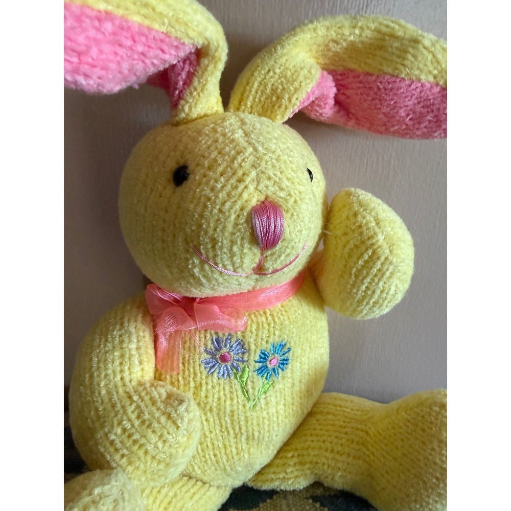 Dan Dee Collectors Choice Yellow Knit Bunny Rabbit Plush Pink Ribbon Easter Toy